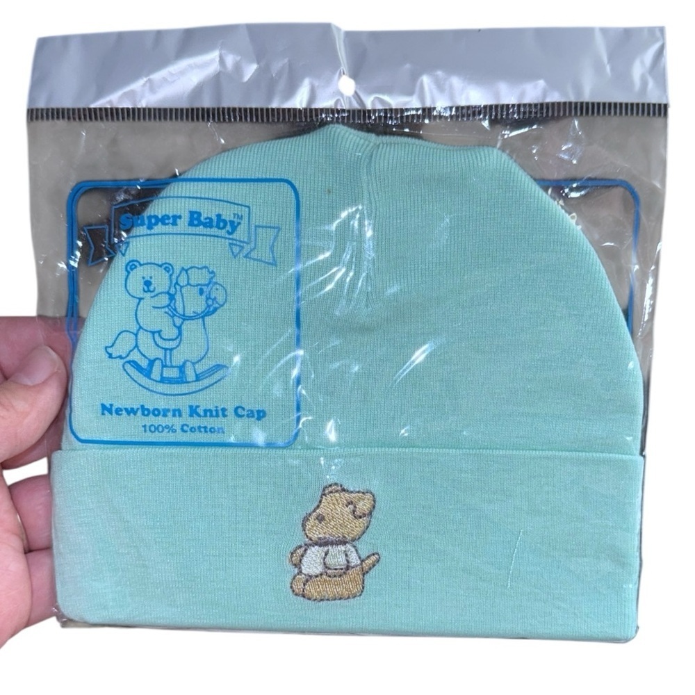 Vintage Super Baby Mint Green Newborn Knit Cap Teddy Bear Embroidery NIP